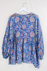 Daisy Smock Top - Lapis and Raspberry Gardenia - Vintage Indian Cotton - Size M/L By All About Audrey