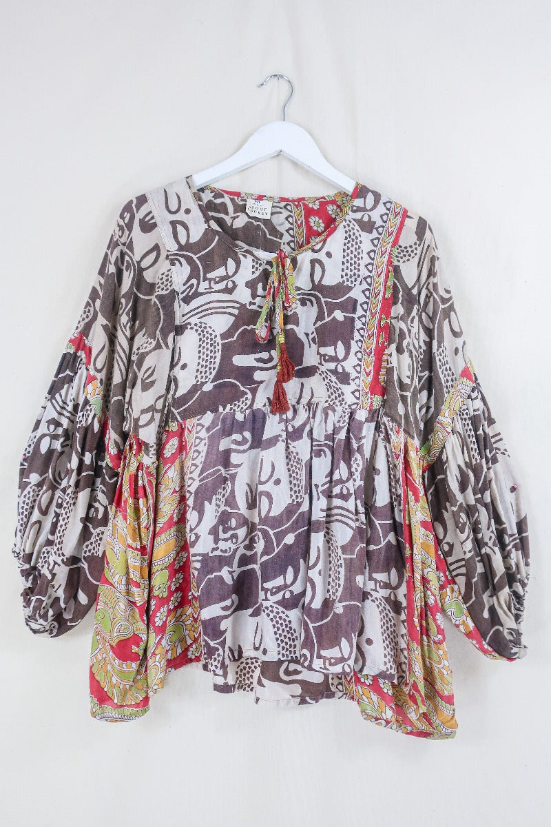 Daisy Smock Top - Mocha and Saffron Bold Face Print - Vintage Indian Cotton - Size M/L By All About Audrey