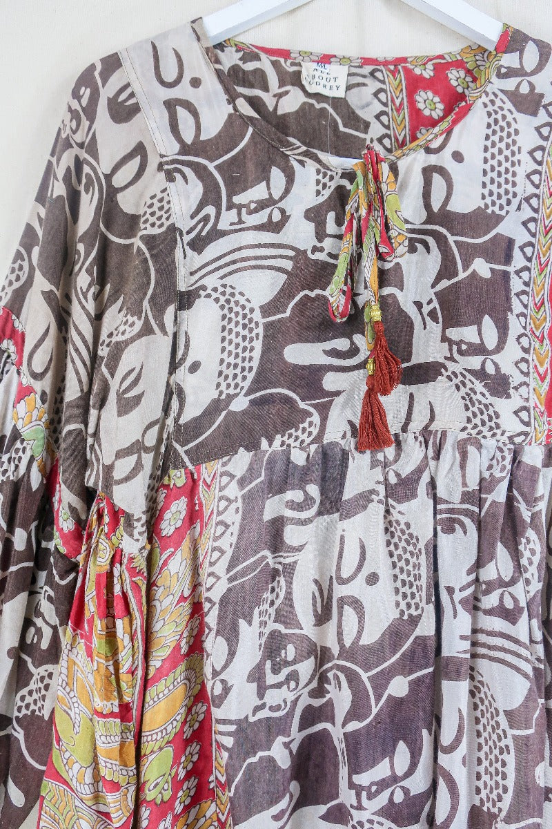 Daisy Smock Top - Mocha and Saffron Bold Face Print - Vintage Indian Cotton - Size M/L By All About Audrey