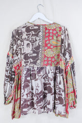 Daisy Smock Top - Mocha and Saffron Bold Face Print - Vintage Indian Cotton - Size M/L By All About Audrey