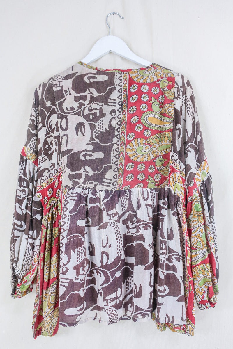 Daisy Smock Top - Mocha and Saffron Bold Face Print - Vintage Indian Cotton - Size M/L By All About Audrey