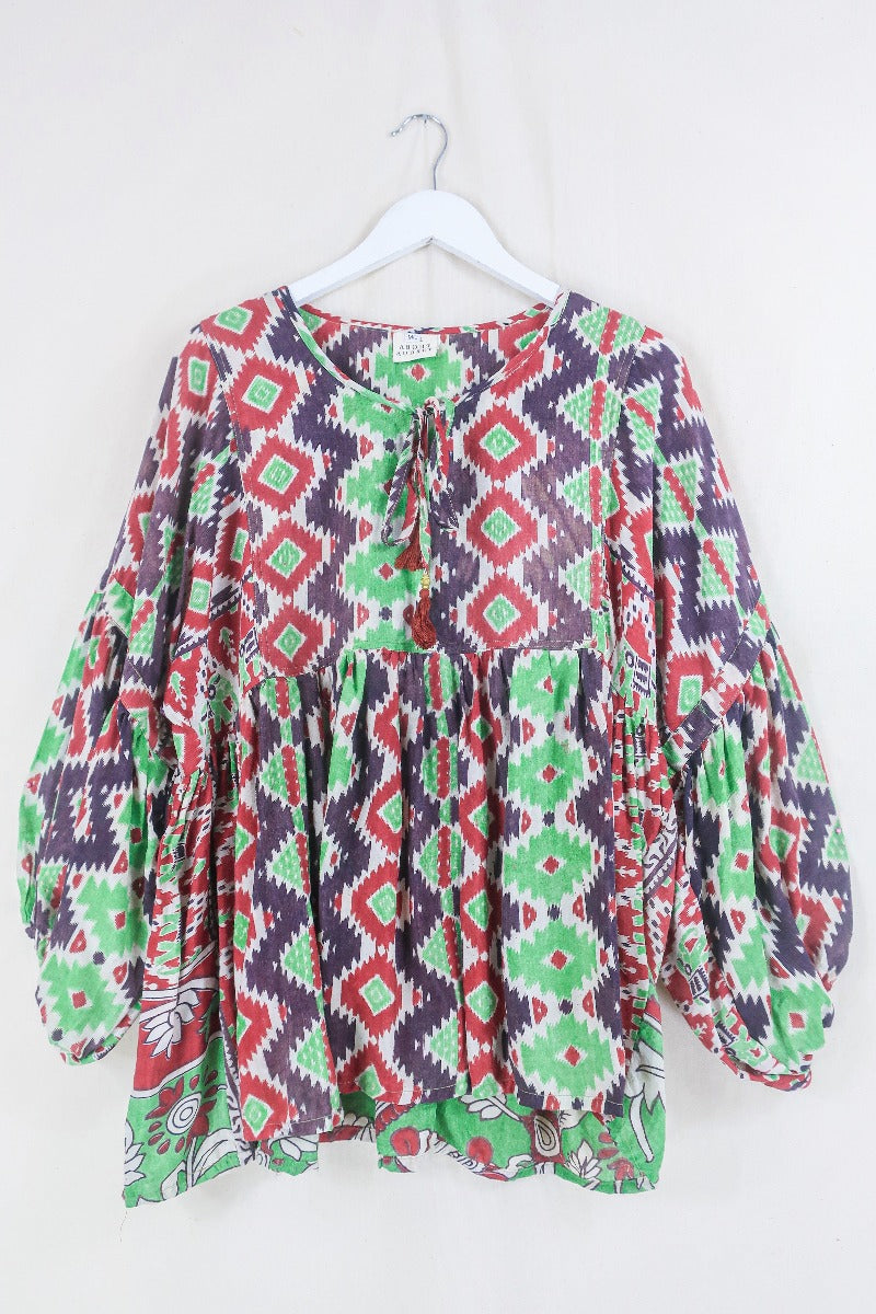 Daisy Smock Top - Mint and Chocolate Chip Kilim - Vintage Indian Cotton - Size M/L By All About Audrey