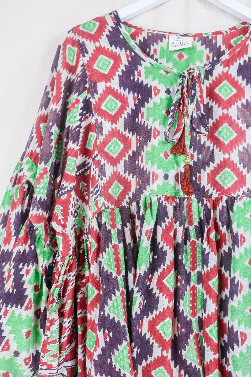 Daisy Smock Top - Mint and Chocolate Chip Kilim - Vintage Indian Cotton - Size M/L By All About Audrey