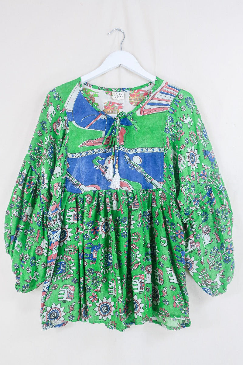 Daisy Smock Top - Grassy Green Animals - Vintage Indian Cotton - Size XS By All About Audrey