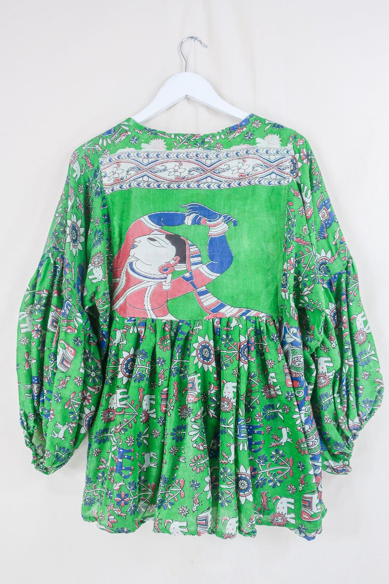 Daisy Smock Top - Grassy Green Animals - Vintage Indian Cotton - Size XS By All About Audrey