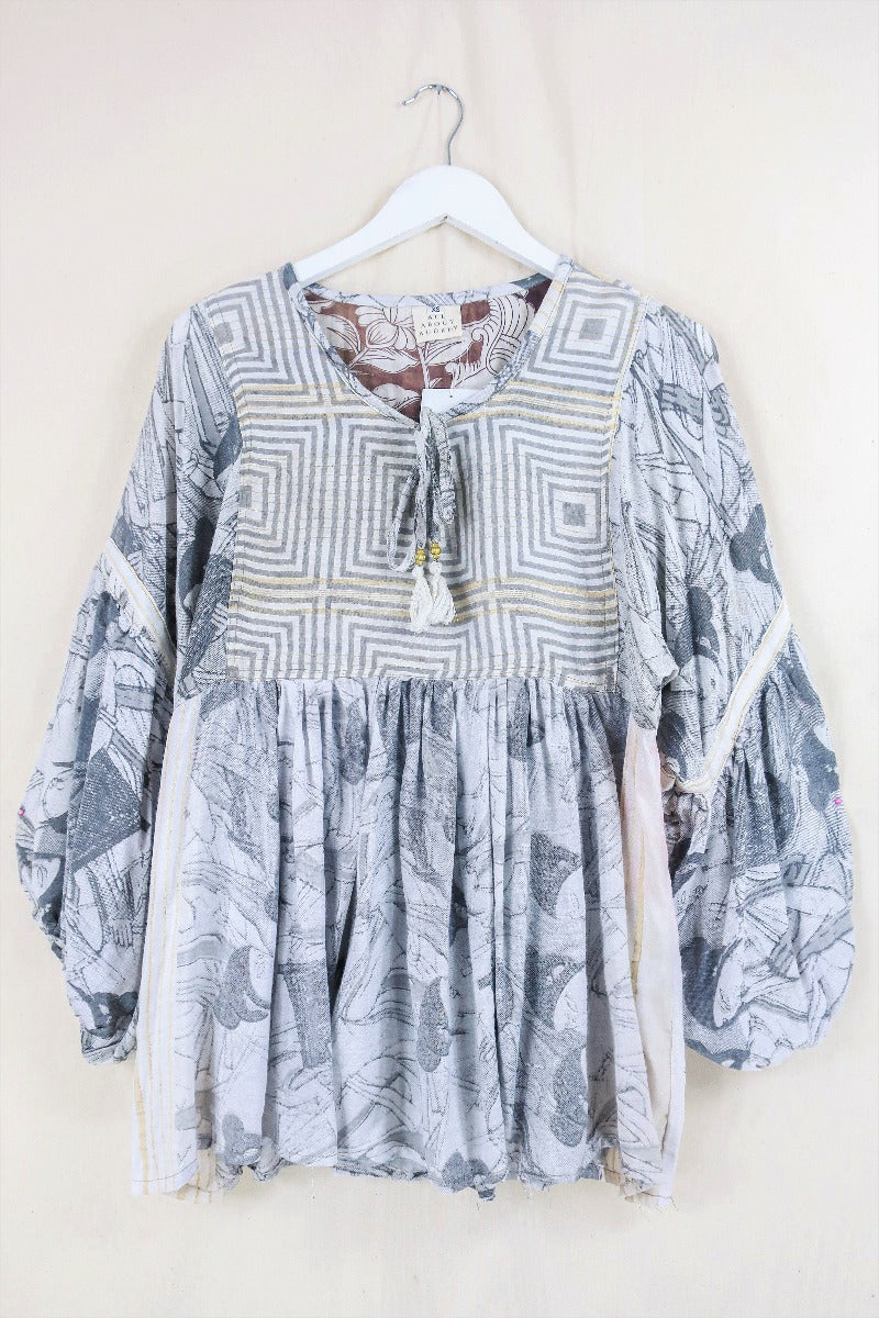 Daisy Smock Top - Gold & Charcoal Sketches - Vintage Indian Cotton - Size XS All About Audrey