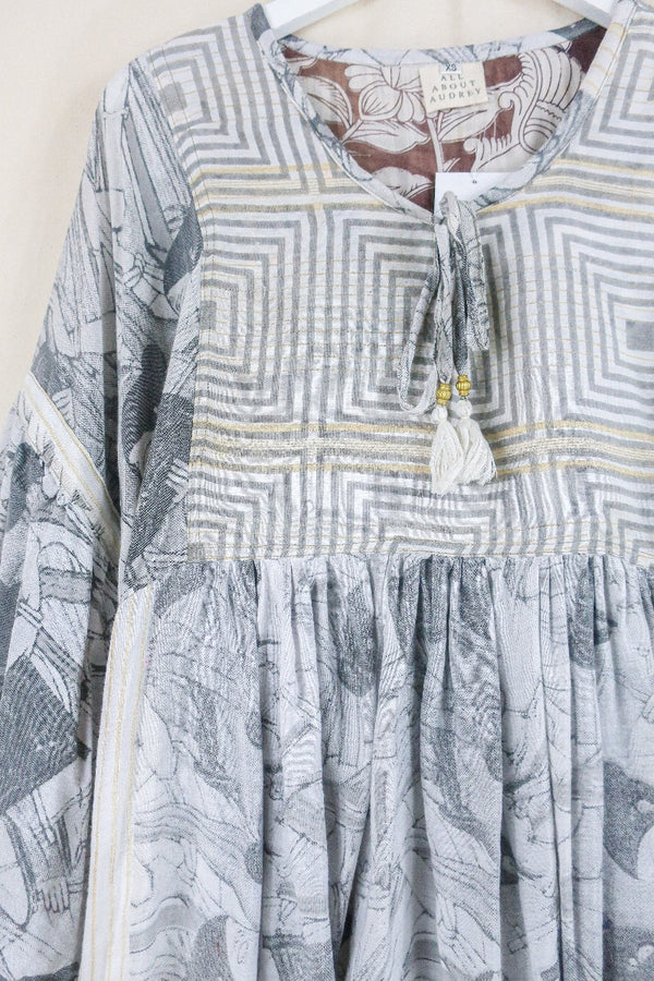 Daisy Smock Top - Gold & Charcoal Sketches - Vintage Indian Cotton - Size XS All About Audrey