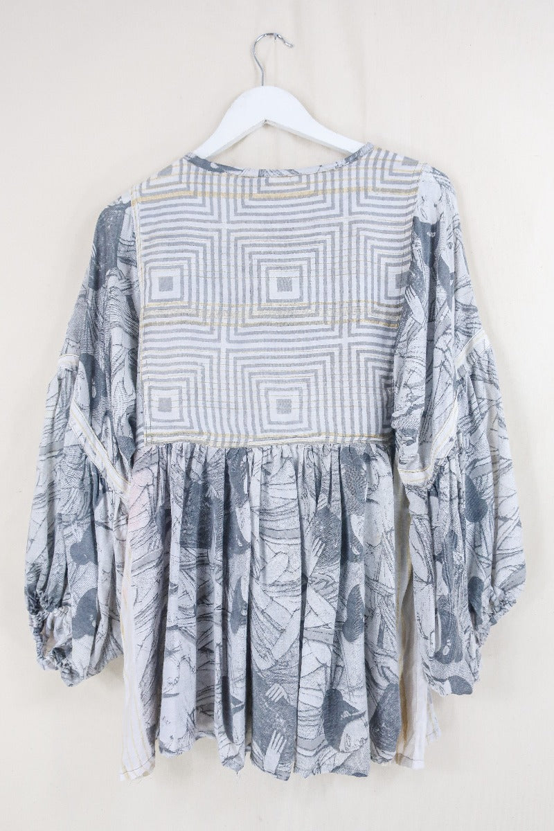 Daisy Smock Top - Gold & Charcoal Sketches - Vintage Indian Cotton - Size XS All About Audrey