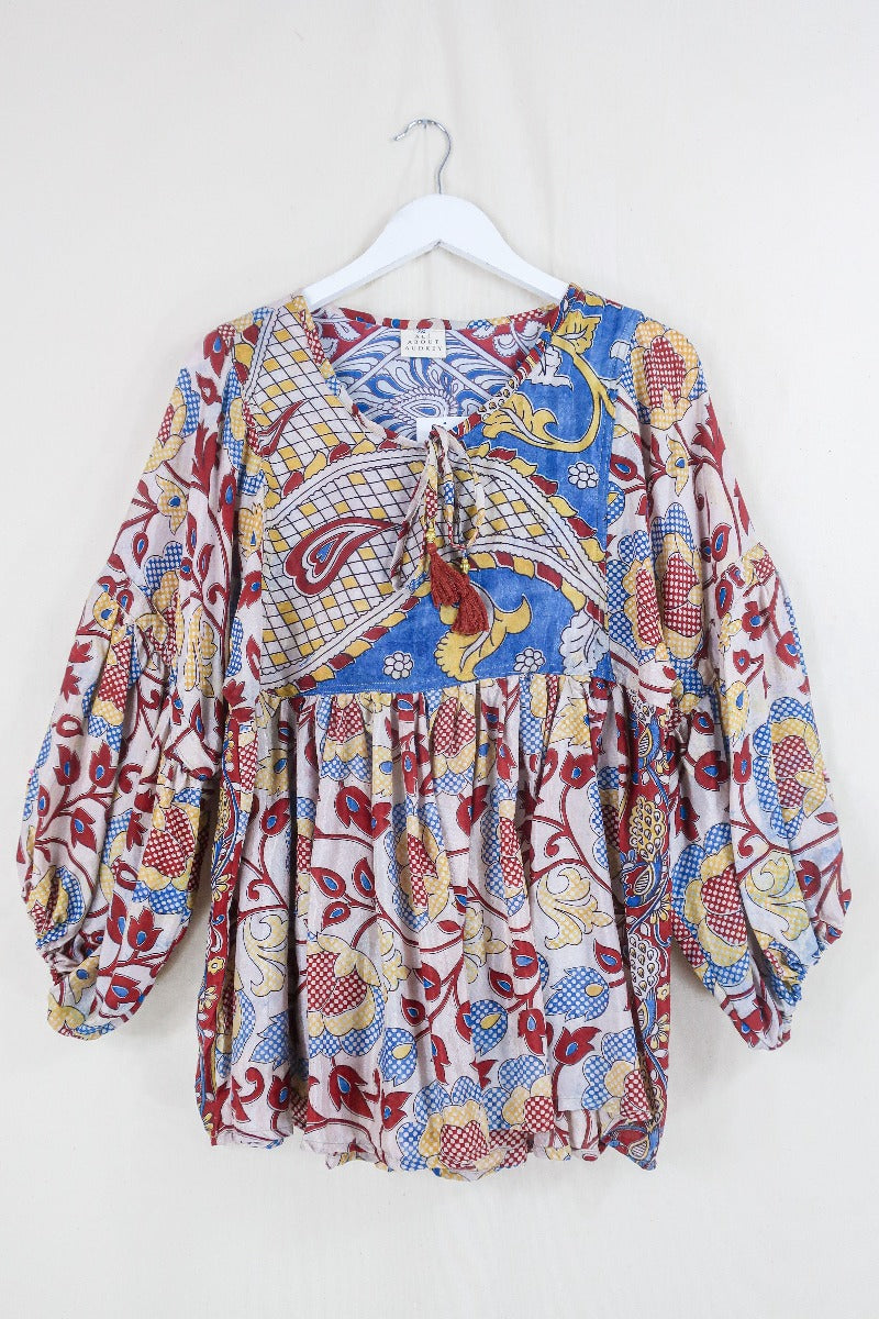 Daisy Smock Top - Oat White Floral Block Print - Vintage Indian Cotton - Size XS by all about audrey