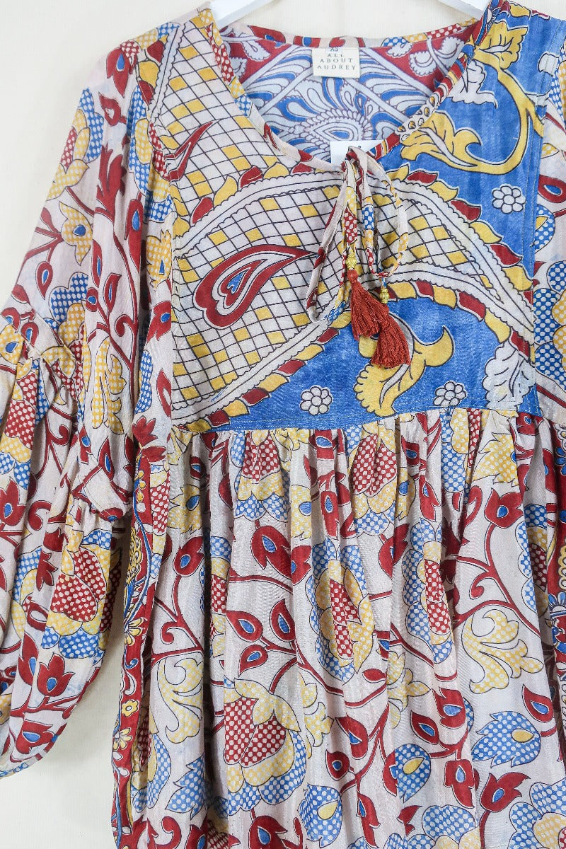 Daisy Smock Top - Oat White Floral Block Print - Vintage Indian Cotton - Size XS by all about audrey