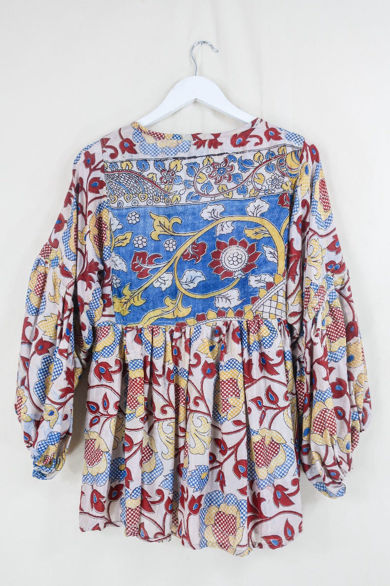 Daisy Smock Top - Oat White Floral Block Print - Vintage Indian Cotton - Size XS by all about audrey