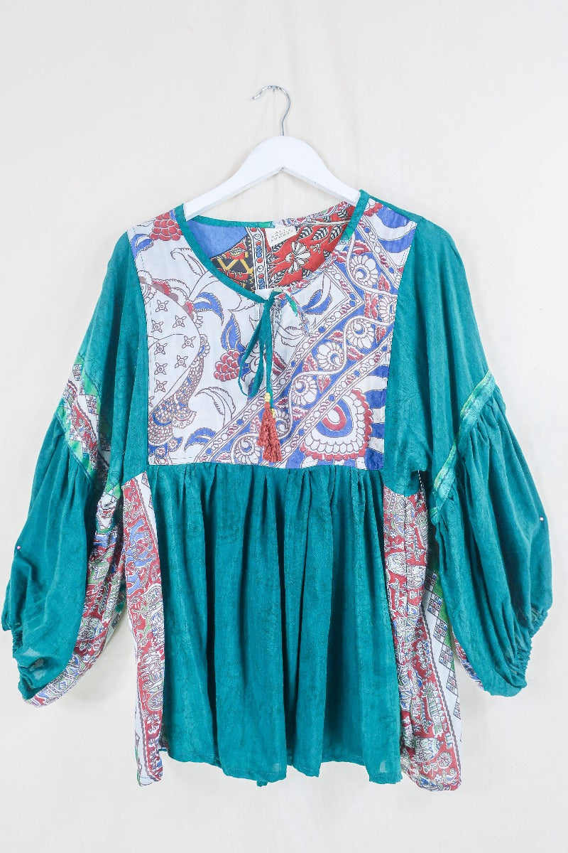 Daisy Smock Top - Deep Sea Jade - Vintage Indian Cotton - Size XS by all about audrey