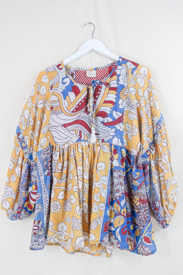 Daisy Smock Top - Laguna Yellow Birds - Vintage Indian Cotton - Size XS by all about audrey