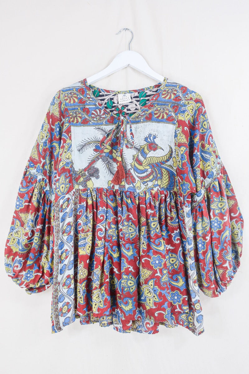 Daisy Smock Top - Pepper Red Paradise - Vintage Indian Cotton - Size XS by all about audrey