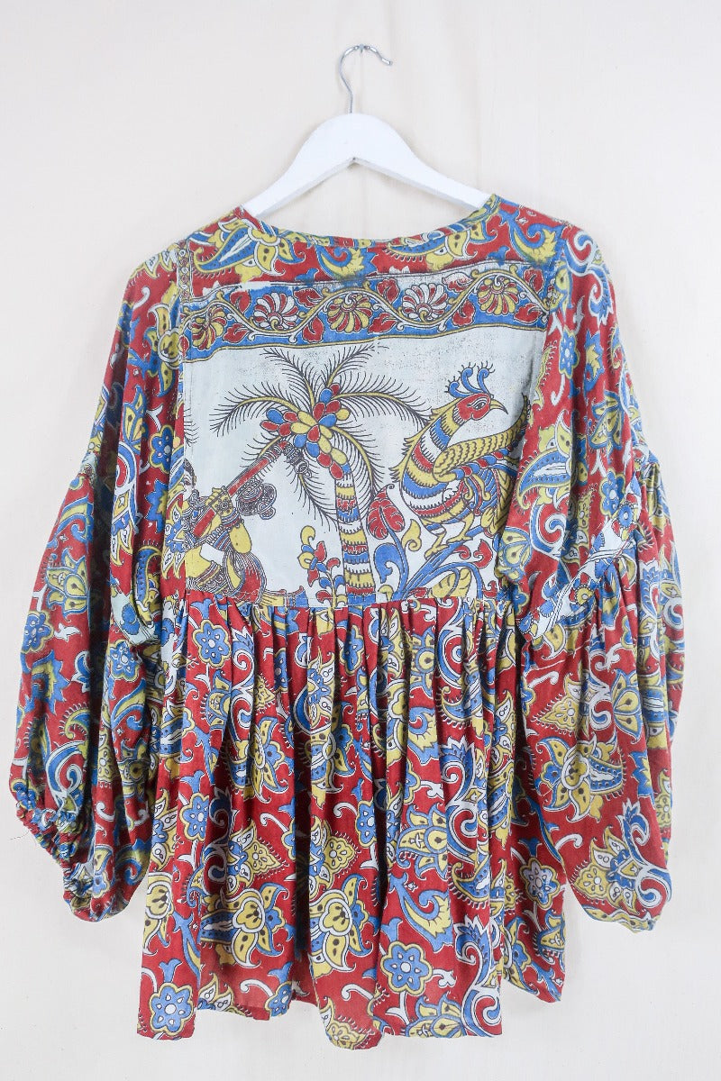 Daisy Smock Top - Pepper Red Paradise - Vintage Indian Cotton - Size XS by all about audrey