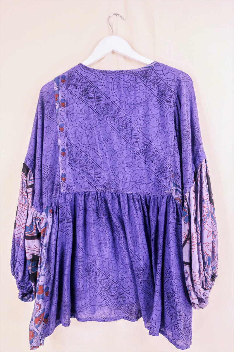 Daisy Smock Top - Lavender and Grape Flora Foliage - Vintage Indian Cotton - Size M/L All About Audrey