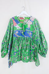 Daisy Smock Top - Apple Green & Cobalt Safari - Vintage Indian Cotton - Size XXL By All About Audrey