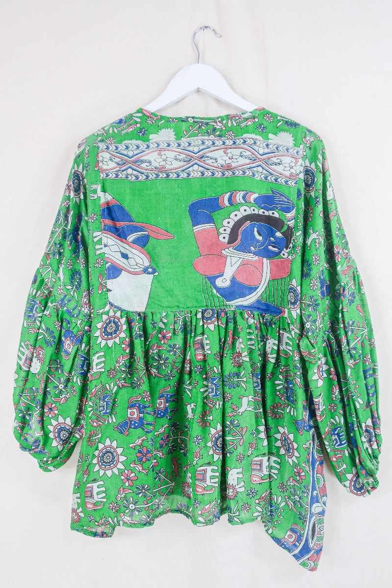 Daisy Smock Top - Apple Green & Cobalt Safari - Vintage Indian Cotton - Size XXL By All About Audrey