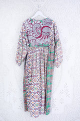 Daisy Midi Smock Dress - Vintage Cotton Sari - Oat White & Jewel Tone Peacock Motif - S/M By All About Audrey