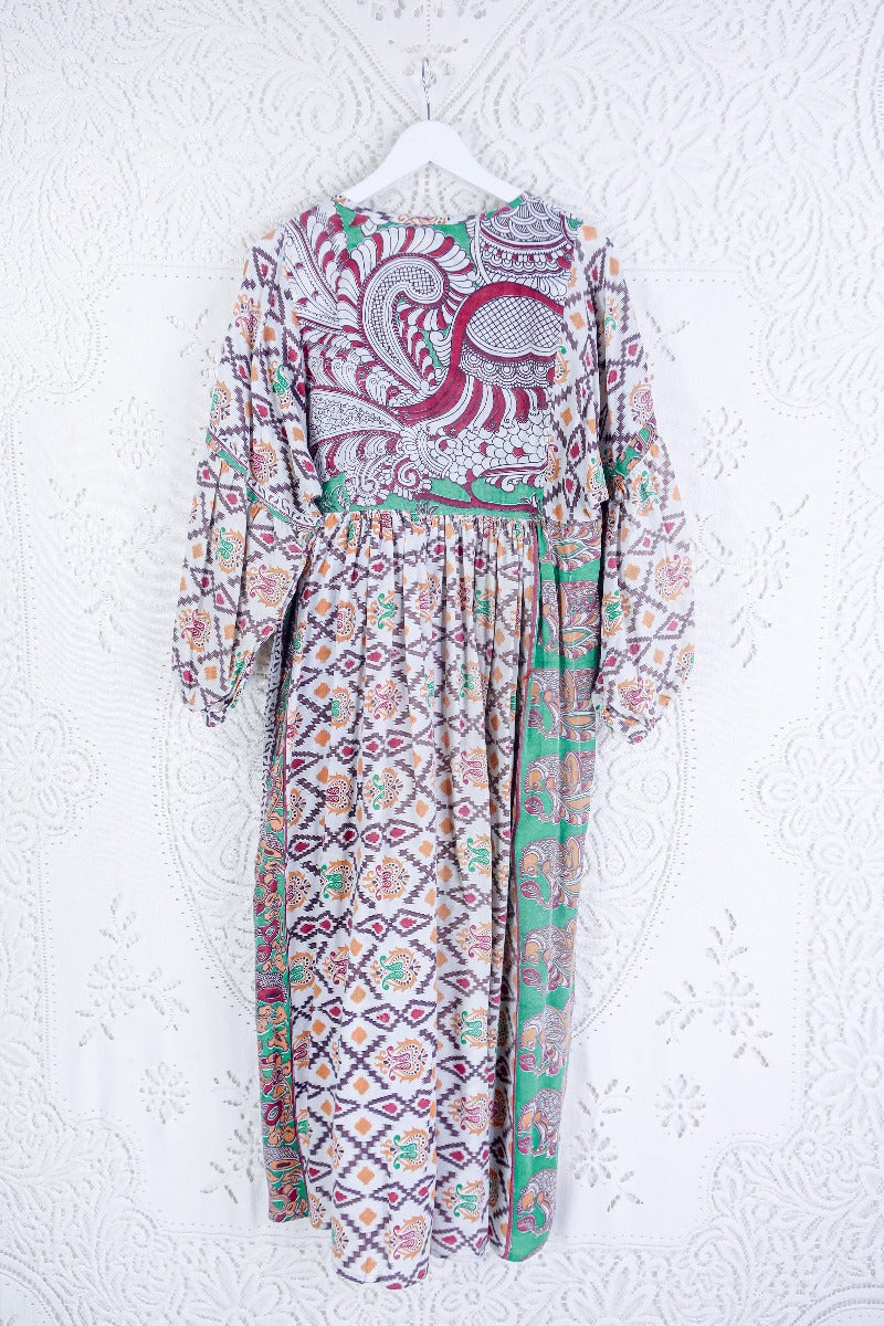 Daisy Midi Smock Dress - Vintage Cotton Sari - Oat White & Jewel Tone Peacock Motif - S/M By All About Audrey