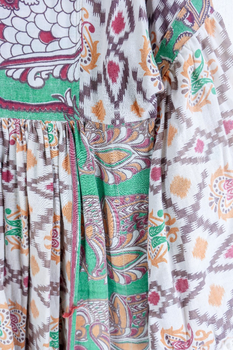 Daisy Midi Smock Dress - Vintage Cotton Sari - Oat White & Jewel Tone Peacock Motif - S/M By All About Audrey