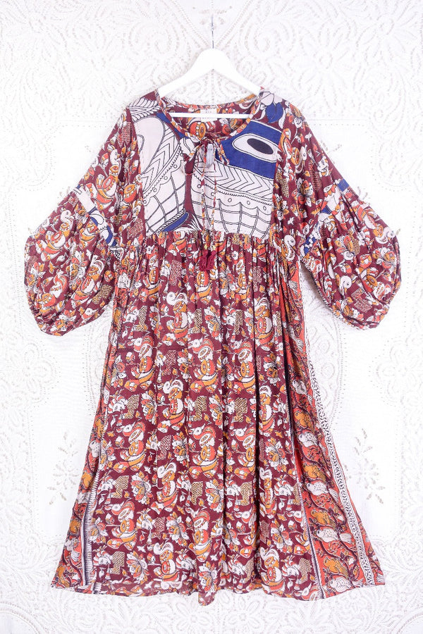 Daisy Midi Smock Dress - Vintage Cotton Sari - Russet Nature & Music Print - M/L By All About Audrey