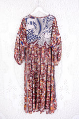 Daisy Midi Smock Dress - Vintage Cotton Sari - Russet Nature & Music Print - M/L By All About Audrey