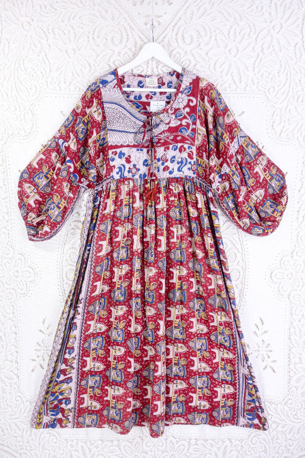 Daisy Midi Smock Dress - Vintage Cotton Sari - Ruby Red Horse & Cart Print - M/L By All About Audrey