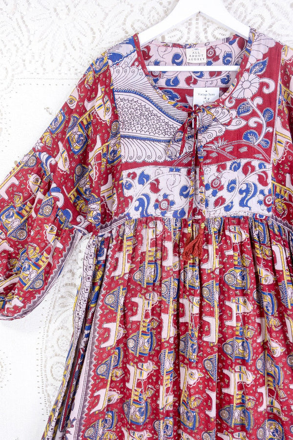 Daisy Midi Smock Dress - Vintage Cotton Sari - Ruby Red Horse & Cart Print - M/L By All About Audrey