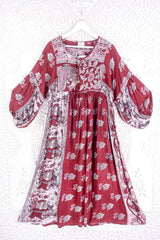 Daisy Midi Smock Dress - Vintage Cotton Sari - Rosewood & White Floral Figures - M/L By All About Audrey
