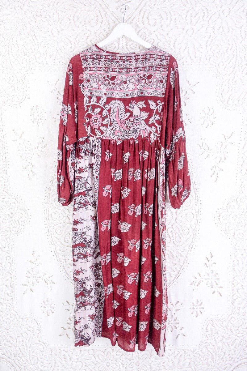 Daisy Midi Smock Dress - Vintage Cotton Sari - Rosewood & White Floral Figures - M/L By All About Audrey