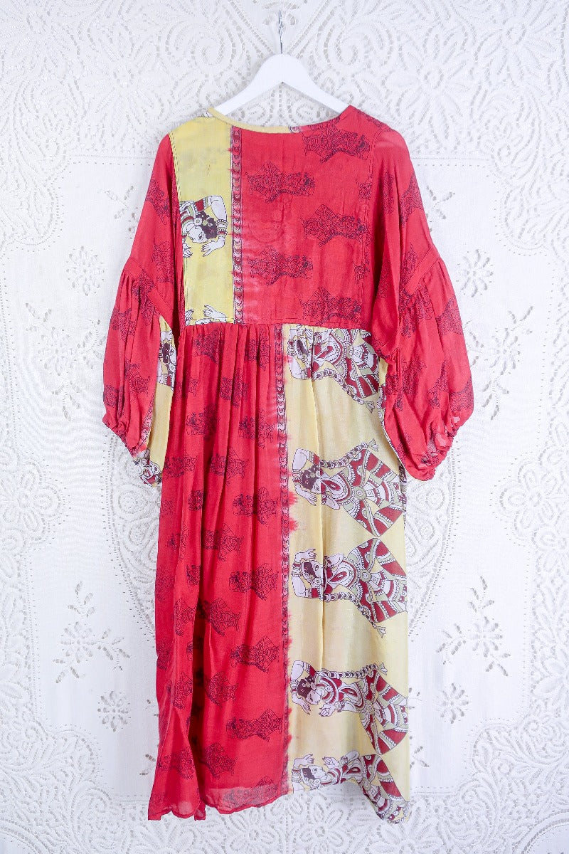 Daisy Midi Smock Dress - Vintage Cotton Sari - Molten Red & Black Illustrations - L/XL by all about audrey