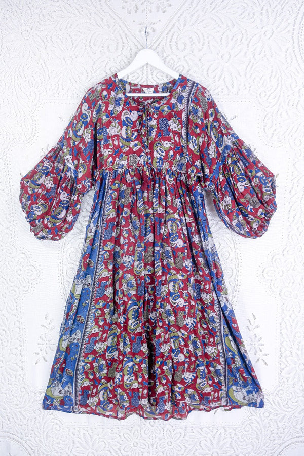 Daisy Midi Smock Dress - Vintage Cotton Sari - Red & Indigo Nature & Music Print - S/M By All About Audrey