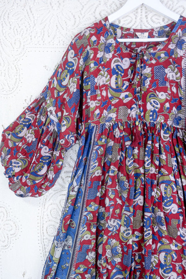 Daisy Midi Smock Dress - Vintage Cotton Sari - Red & Indigo Nature & Music Print - S/M By All About Audrey