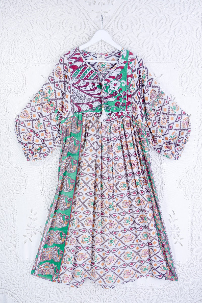 Daisy Midi Smock Dress - Vintage Cotton Sari - Oat White & Jewel Tone Peacock Motif - S/M By All About Audrey