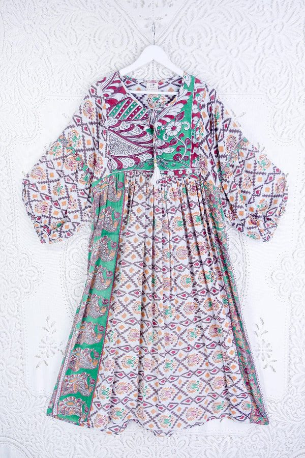 Daisy Midi Smock Dress - Vintage Cotton Sari - Oat White & Jewel Tone Peacock Motif - S/M By All About Audrey