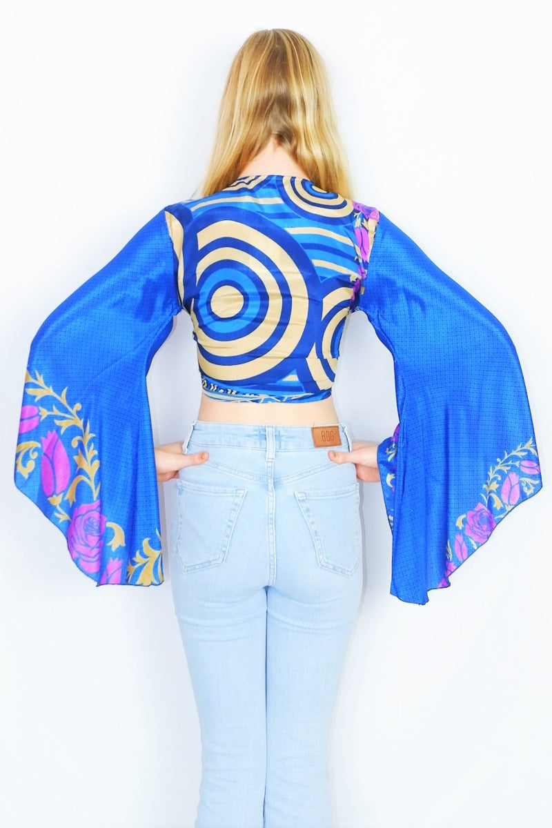 Gemini Wrap Top - Vintage Indian Sari - Dark Sky Blue & Beige Block Print - Size S/M