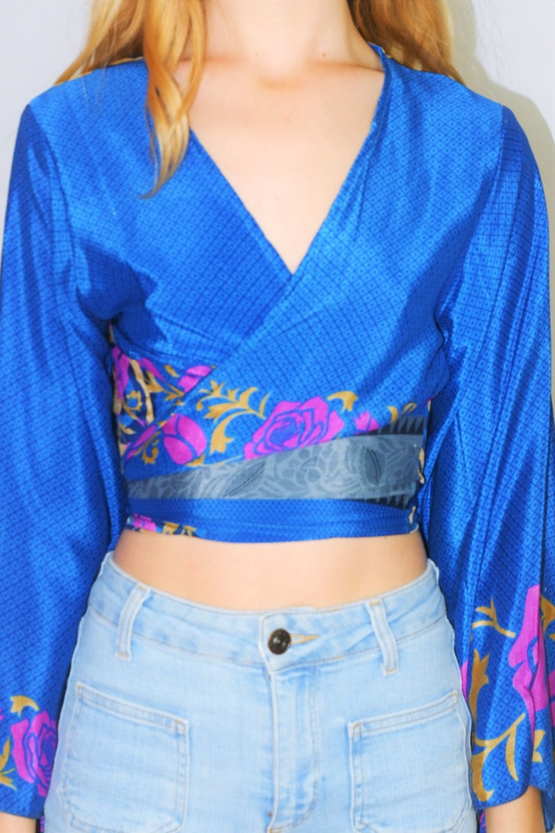 Gemini Wrap Top - Vintage Indian Sari - Dark Sky Blue & Beige Block Print - Size S/M