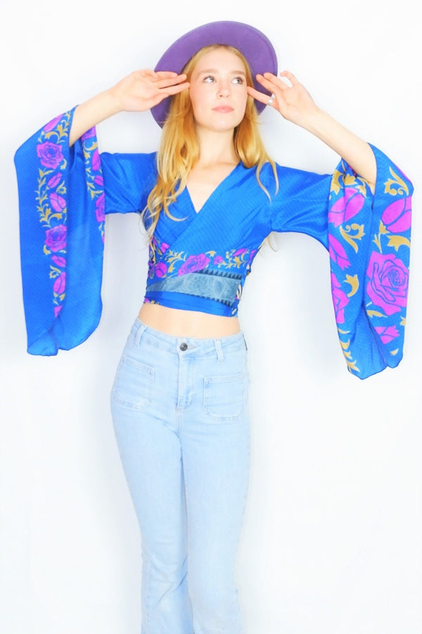 Gemini Wrap Top - Vintage Indian Sari - Dark Sky Blue & Beige Block Print - Size S/M