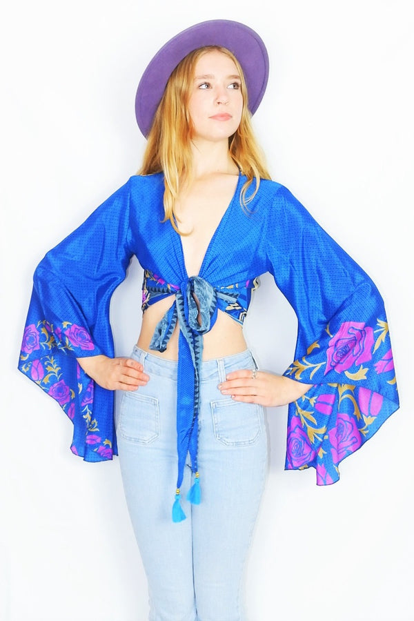 Gemini Wrap Top - Vintage Indian Sari - Dark Sky Blue & Beige Block Print - Size S/M
