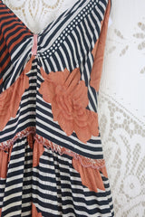 Delilah Maxi Dress - Copper & Black Striped Floral - Vintage Sari - Free Size S By All About Audrey