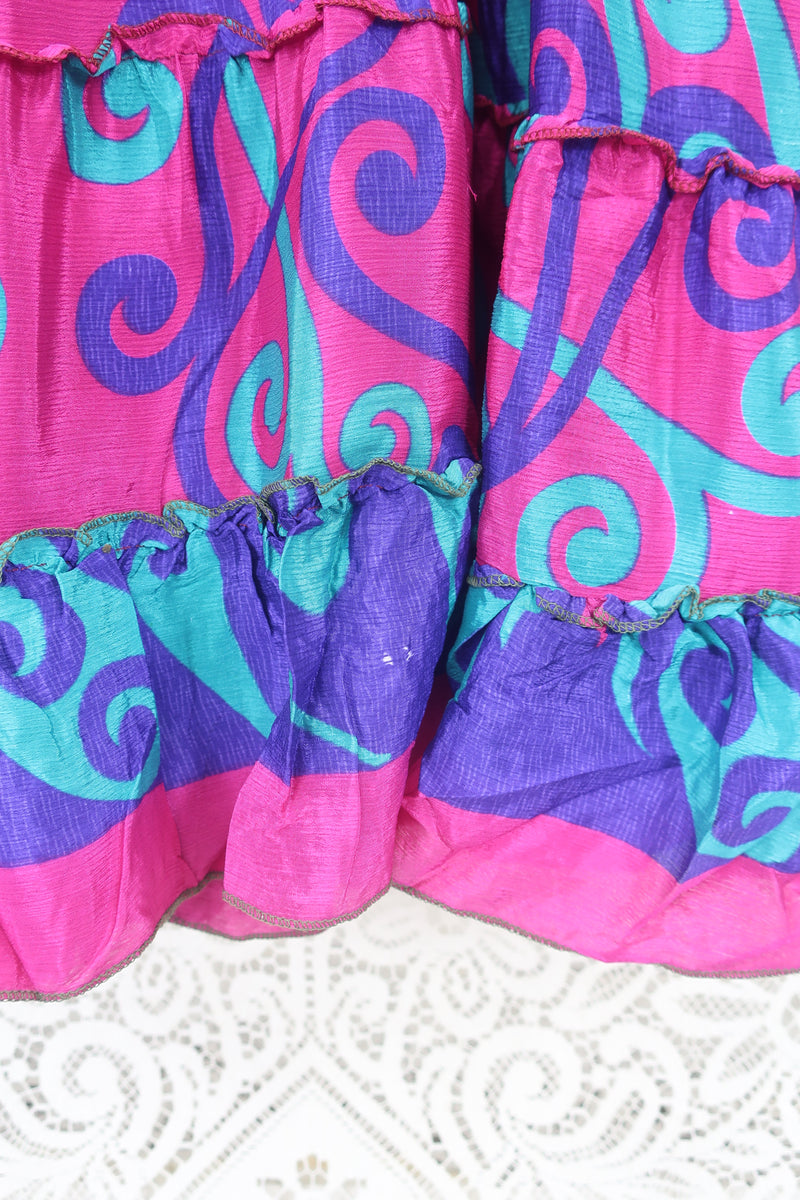 Delilah Maxi Dress - Magenta Pink, Plum & Jade Swirl - Vintage Sari - Free Size M/L