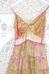 Delilah Maxi Dress - Sunny Beige & Magenta Floral - Vintage Sari - Free Size M/L By All About Audrey