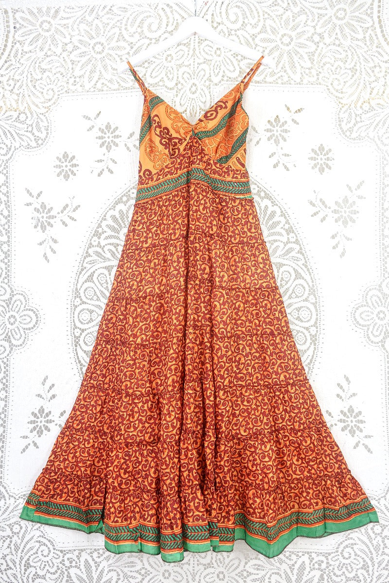 Delilah Maxi Dress - Peach & Pomegrante Swirls - Vintage Sari - Free Size S/M By All About Audrey