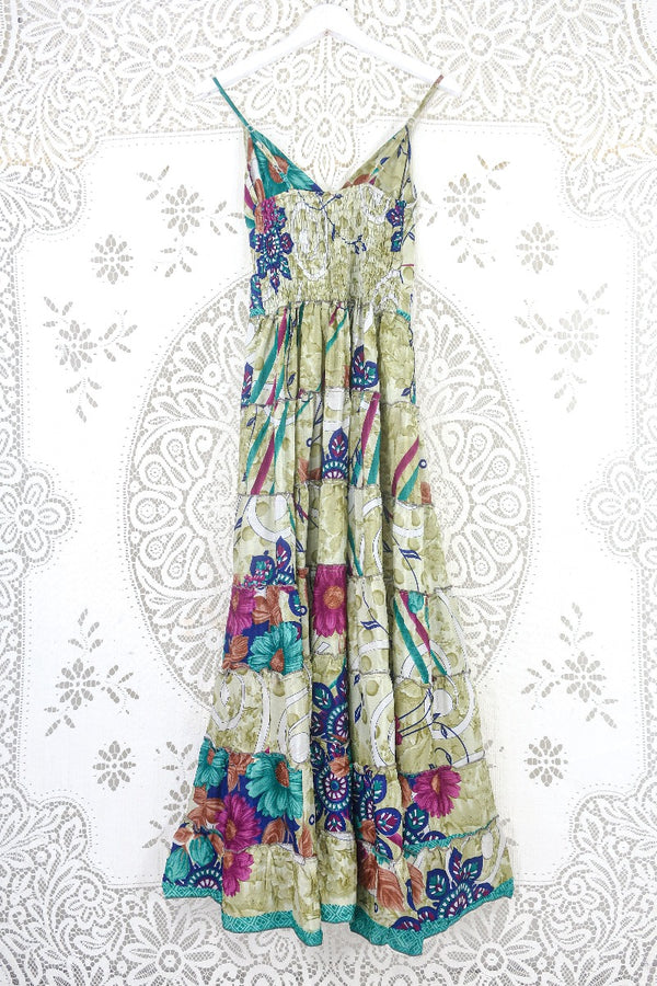Delilah Maxi Dress - Olive Green with Bold Florals - Vintage Sari - Free Size XS/S by all about audrey