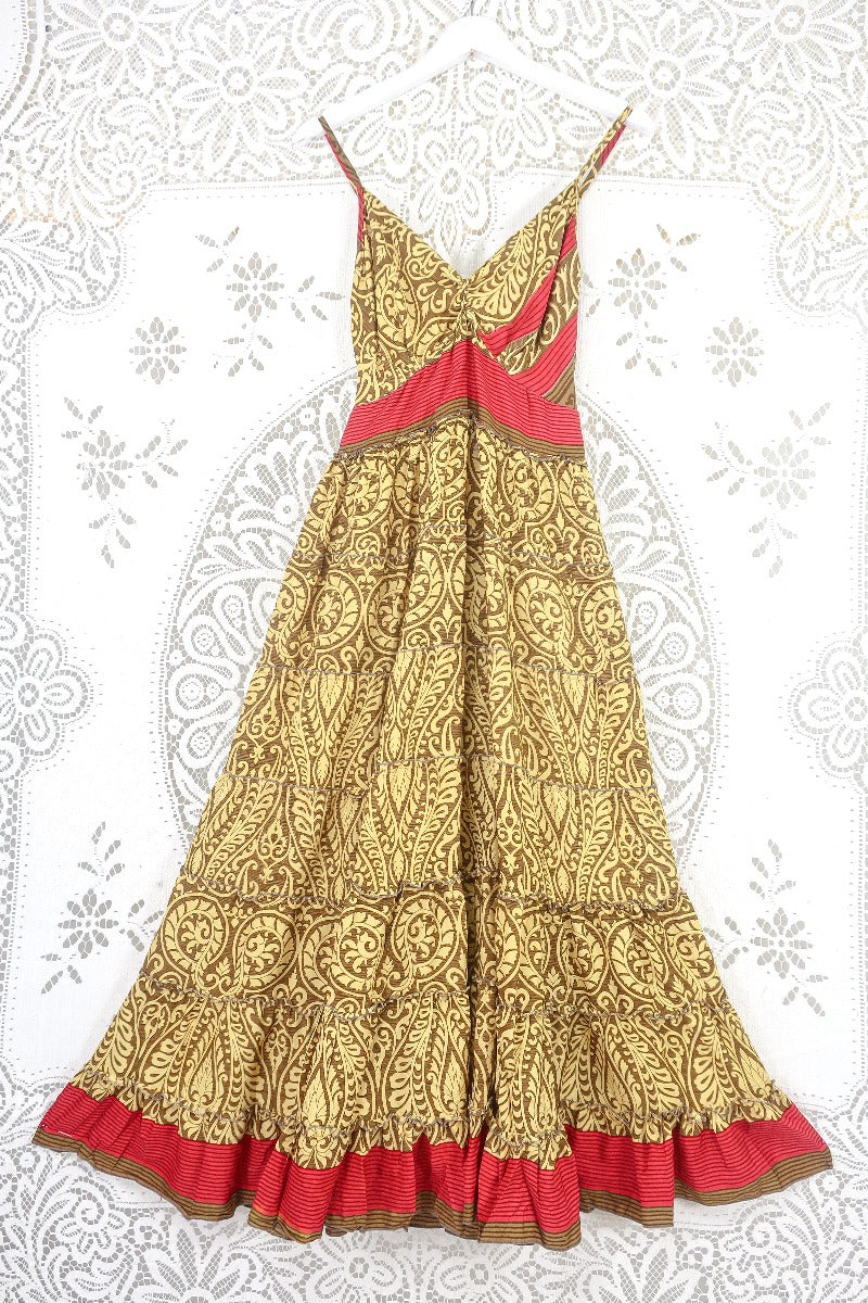 Delilah Maxi Dress - Daffodil Yellow & Wood Paisley - Vintage Sari - Free Size S by all about audrey