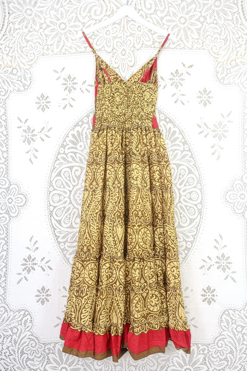 Delilah Maxi Dress - Daffodil Yellow & Wood Paisley - Vintage Sari - Free Size S by all about audrey