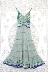 Delilah Maxi Dress - Spearmint & White Floral Motif - Vintage Sari - Free Size M/L by all about audrey