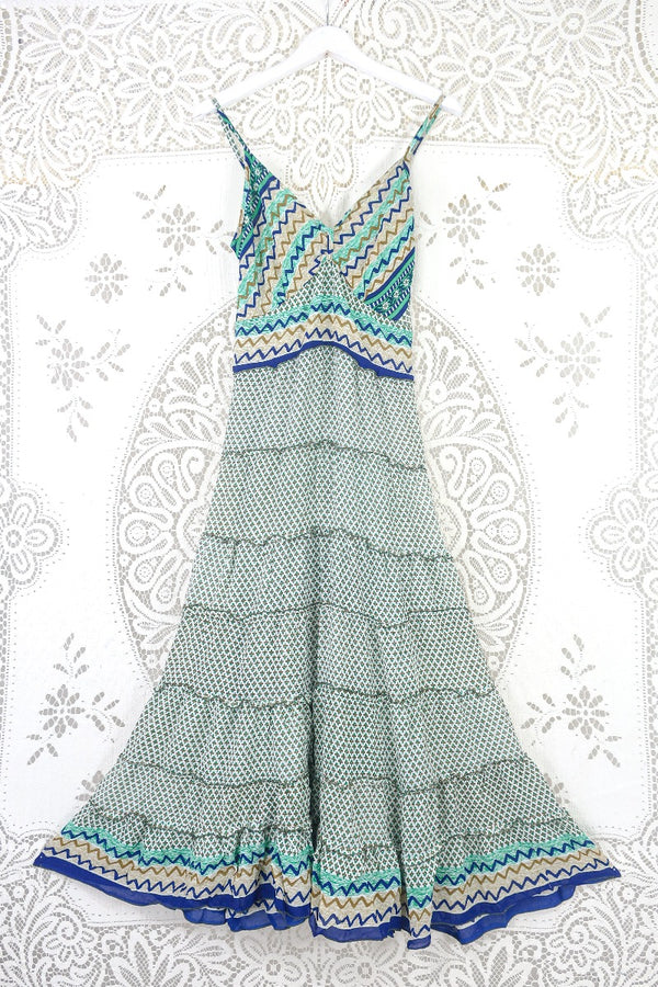 Delilah Maxi Dress - Spearmint & White Floral Motif - Vintage Sari - Free Size M/L by all about audrey