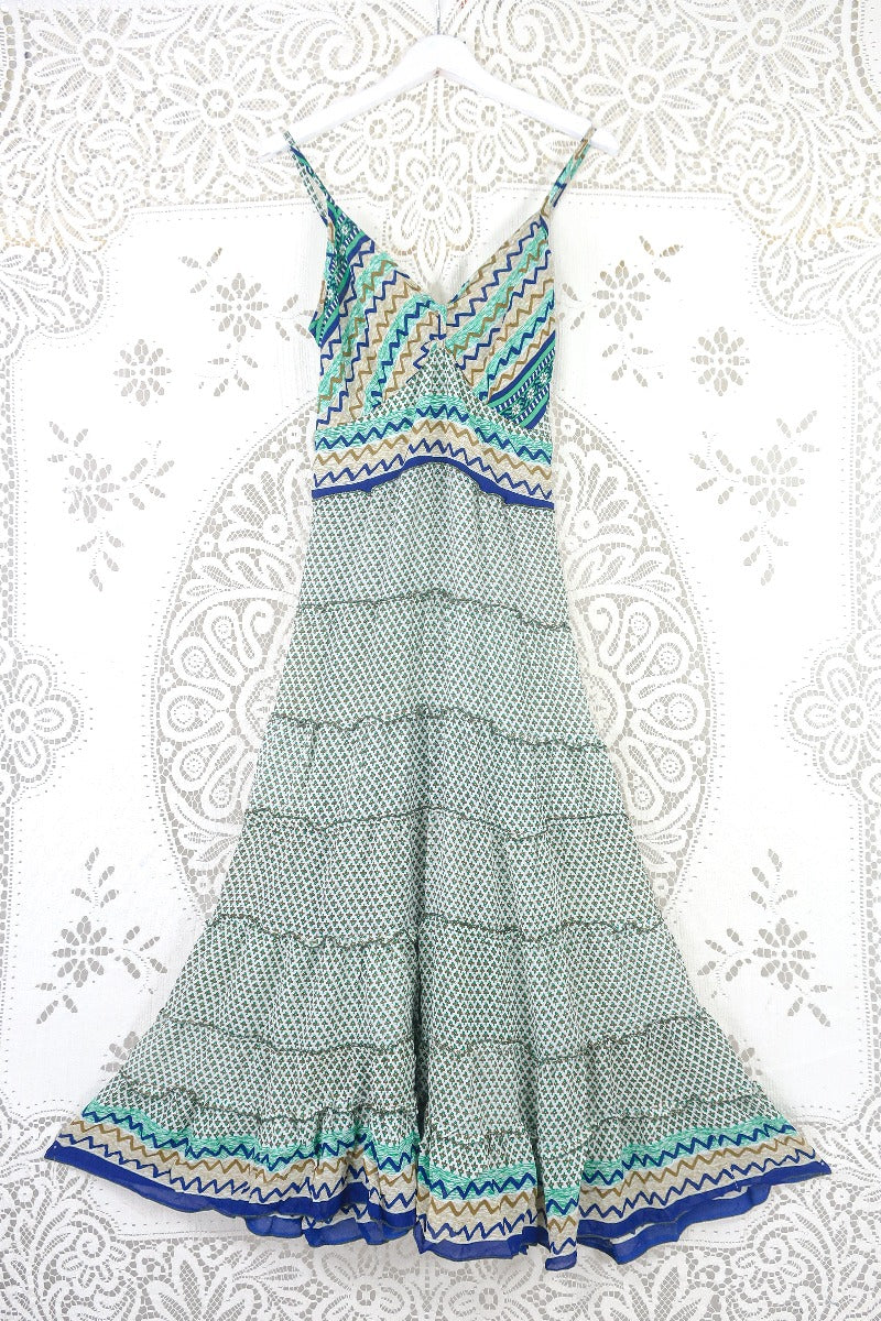 Delilah Maxi Dress - Spearmint & White Floral Motif - Vintage Sari - Free Size M/L by all about audrey